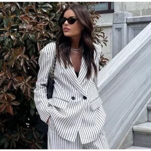 Zara Women Blazer Jacket XS White Striped Oversized Double Breasted 3455/543 NWT